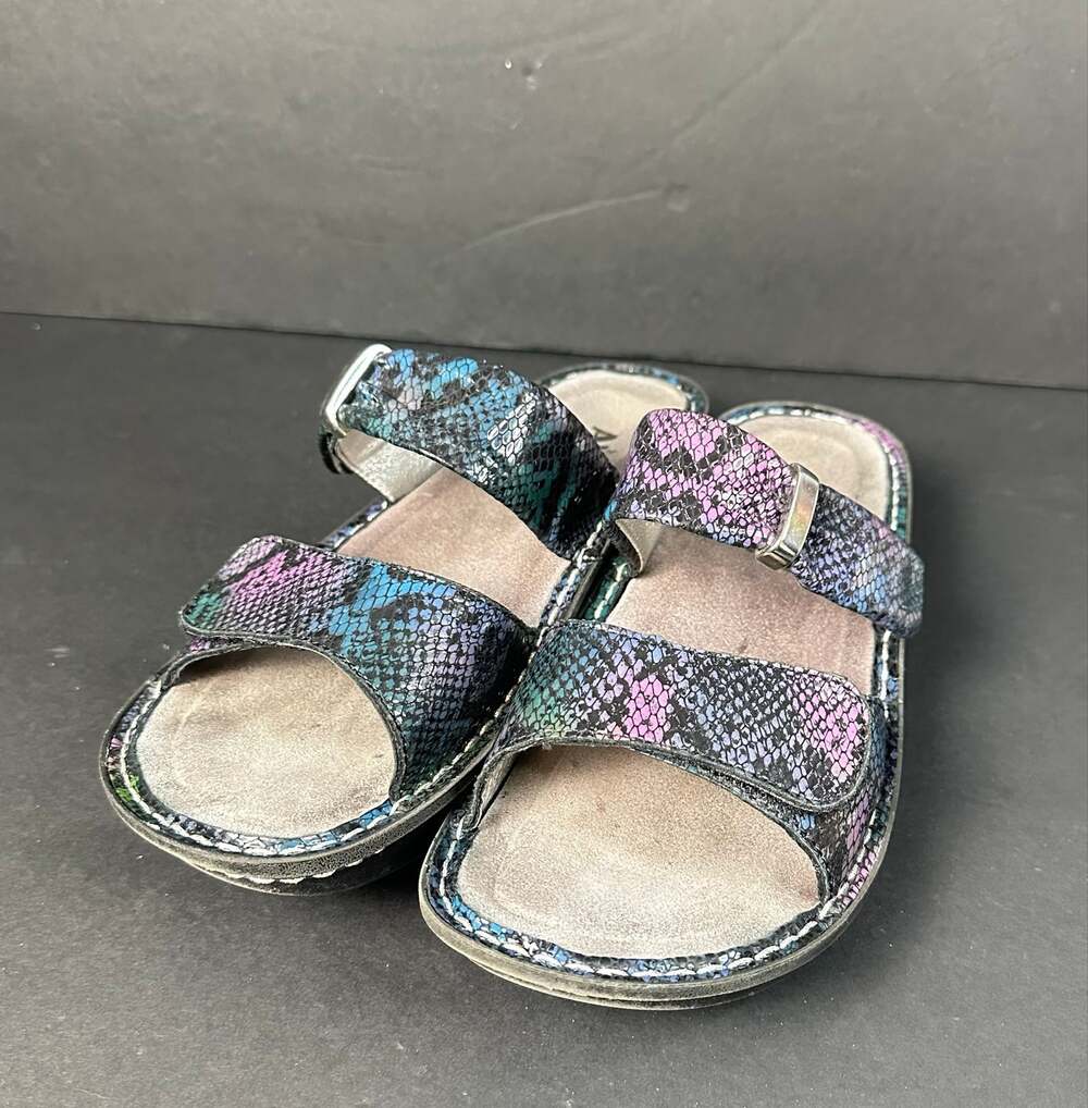 Alegria Karmen Black Purple Reptile Pattern Strap Sandals Size 38 US  8 8.5
